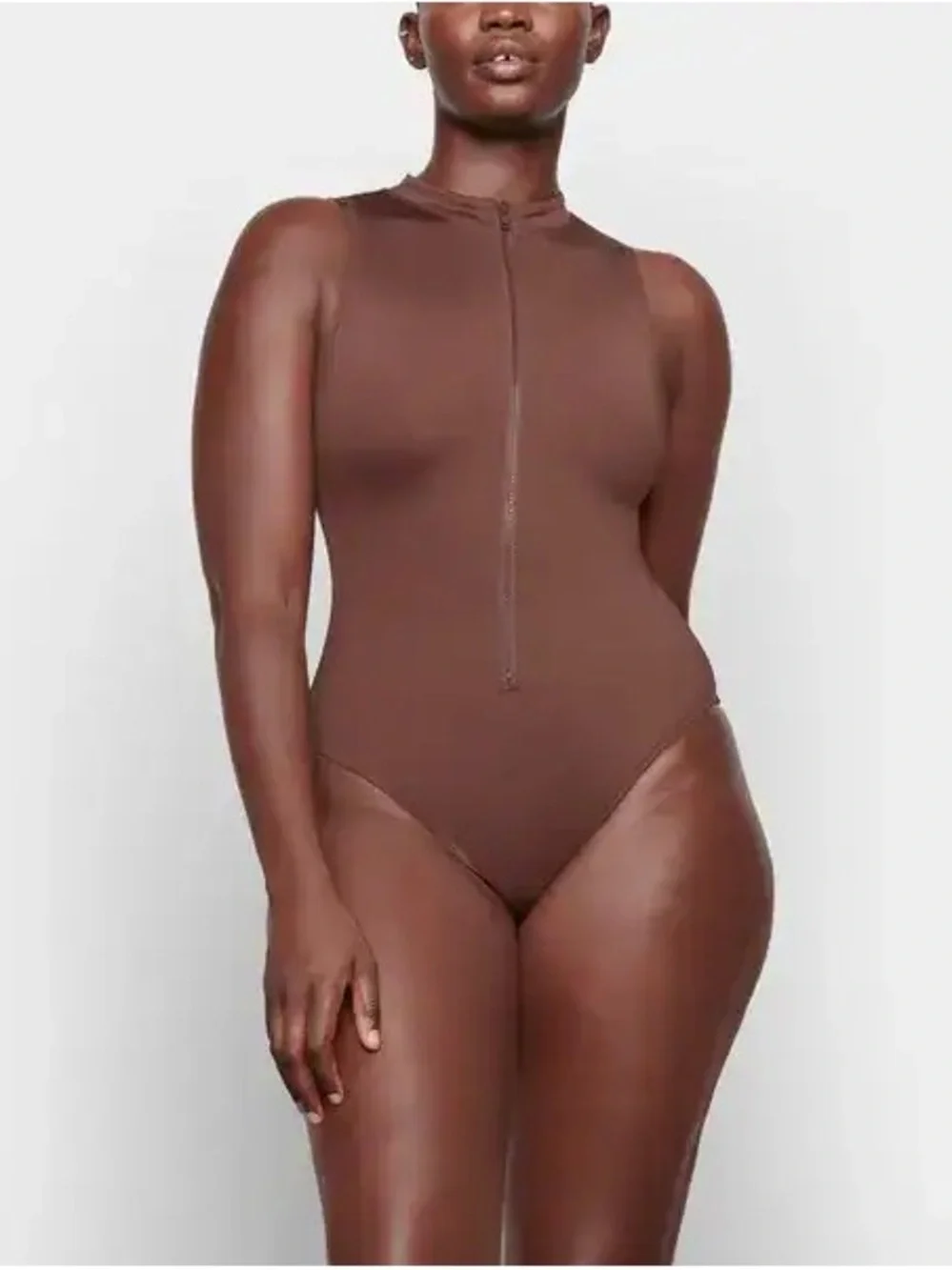 Skims Swim Zip Front Sleeveless One Piece - Cocoa